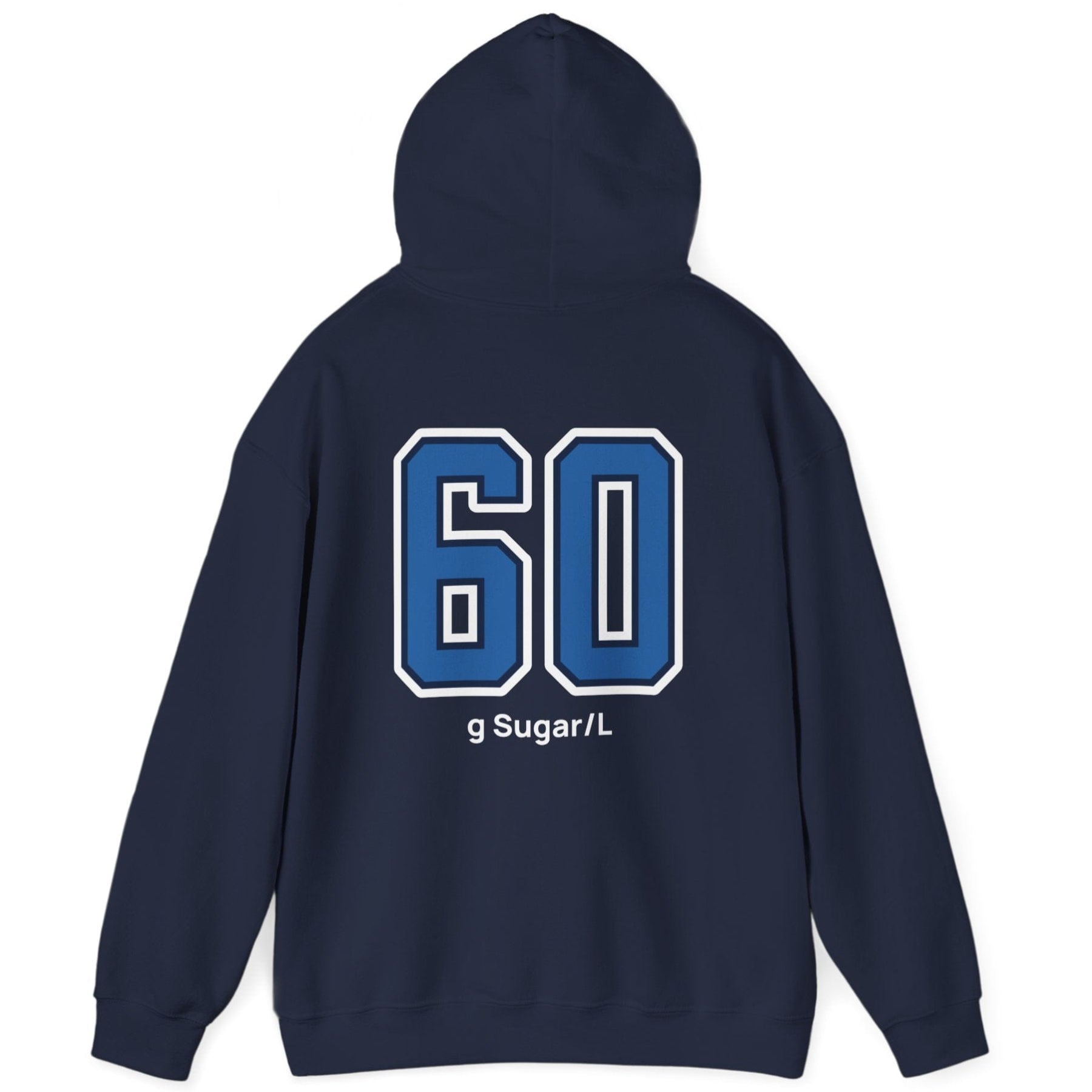navy varsity style hoodie for kombucha brewers with big bold back print stating 60g Sugar/L