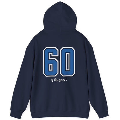 navy varsity style hoodie for kombucha brewers with big bold back print stating 60g Sugar/L
