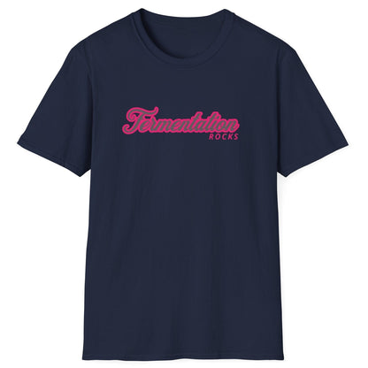 Unisex navy cotton T-shirt with retro pink typography reading 'Fermentation Rocks,' perfect for fermentation fans and foodie gift lovers