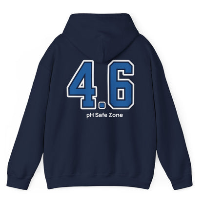 navy hoodie with big bold varsity style numbers representing the 4.6pH safe zone where bad bacteria can't survive. Great gift for fermenters.