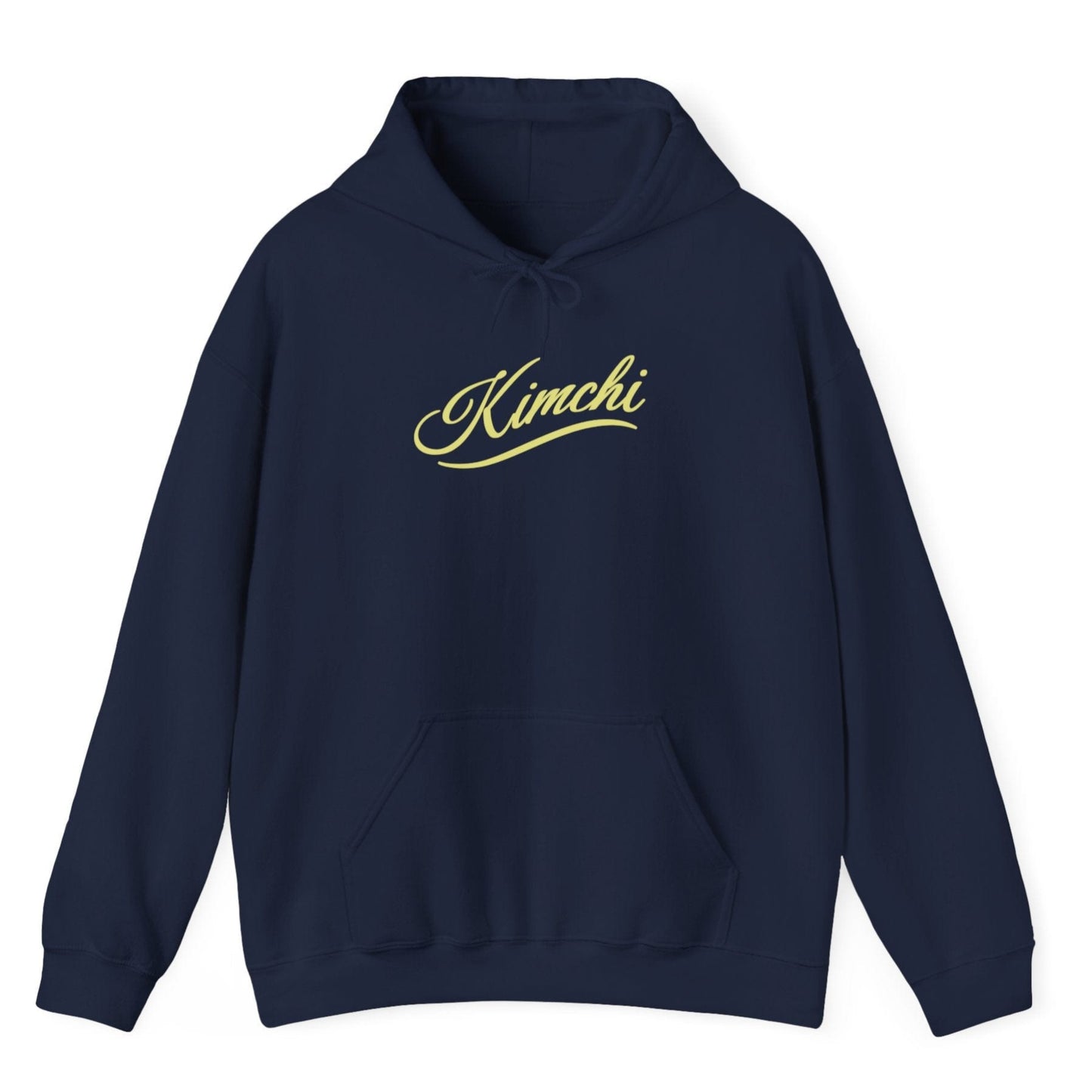 Navy blue hoodie with the word KIMCHI in in a simple but elegant script with a subtle flourish. Great gift for fermenters and kimchi lovers.