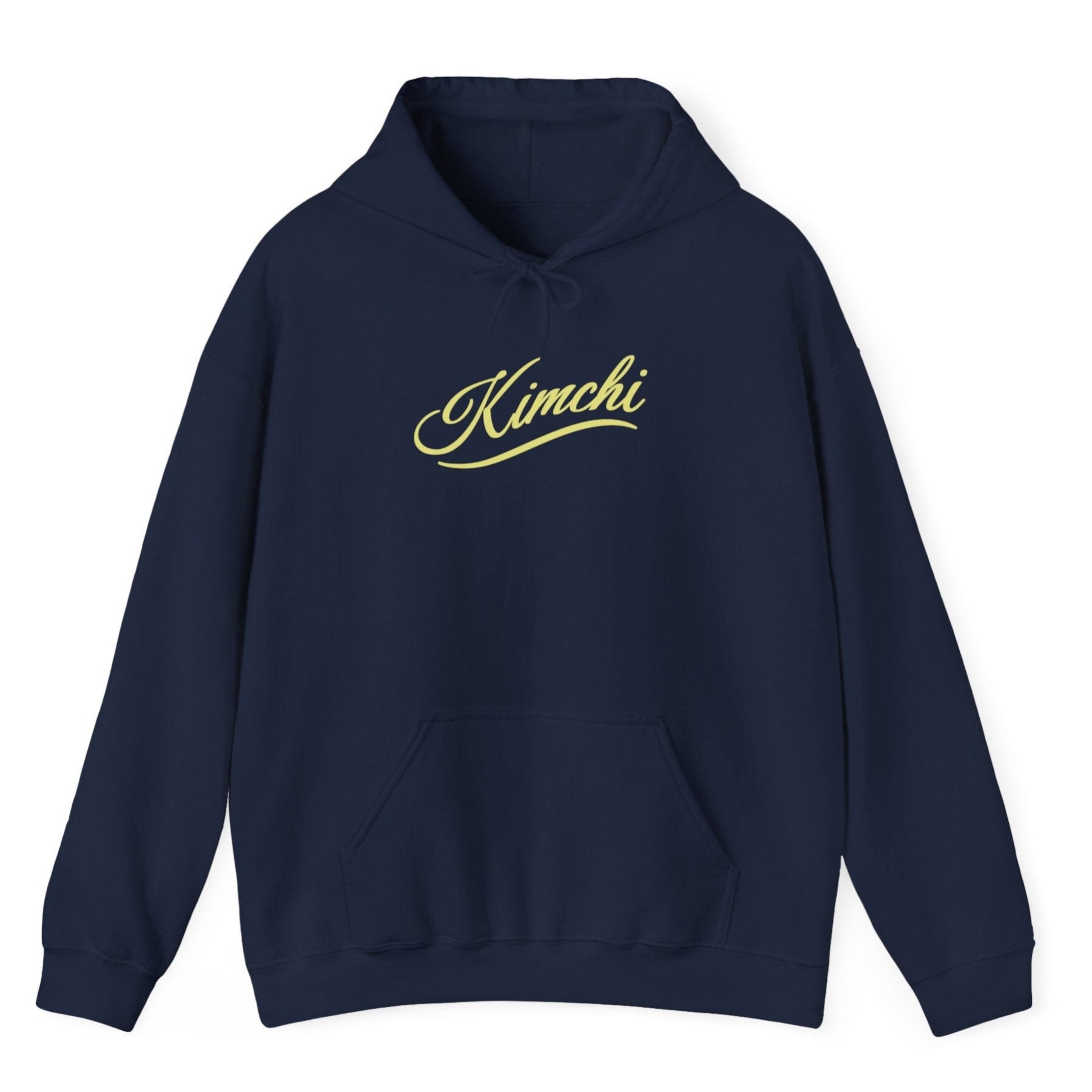 Navy blue hoodie with the word KIMCHI in in a simple but elegant script with a subtle flourish. Great gift for fermenters and kimchi lovers.
