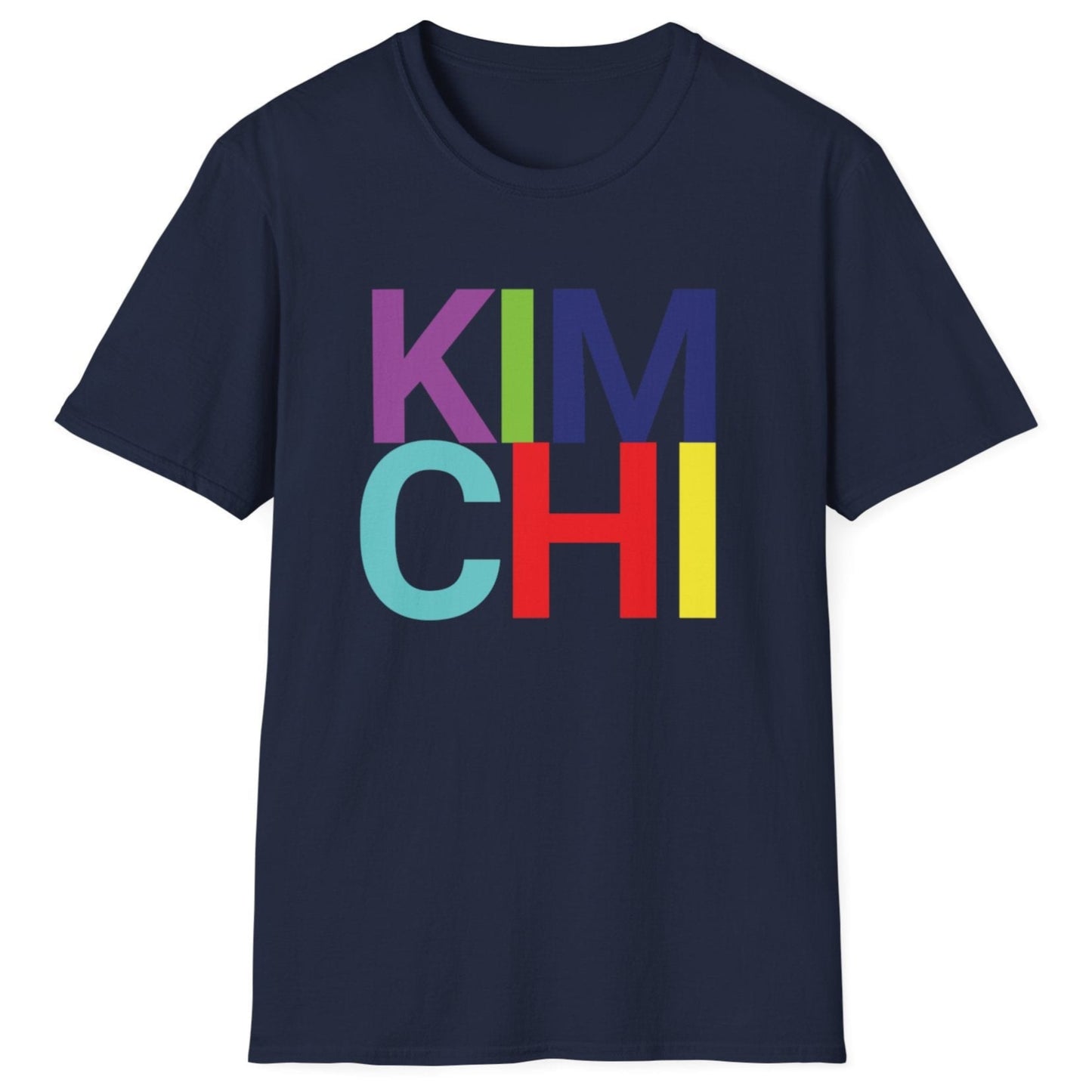 Navy cotton t-shirt with 'KIM CHI' in bold colourful typography. Great gift for kimchi lovers and fermenters.