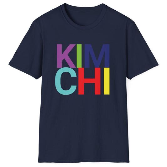Navy cotton t-shirt with 'KIM CHI' in bold colourful typography. Great gift for kimchi lovers and fermenters.