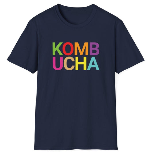 Navy blue cotton t-shirt with 'KOMB UCHA' in bold colourful typography. Modern and playful. Great gift for fermenters and kombucha lovers.