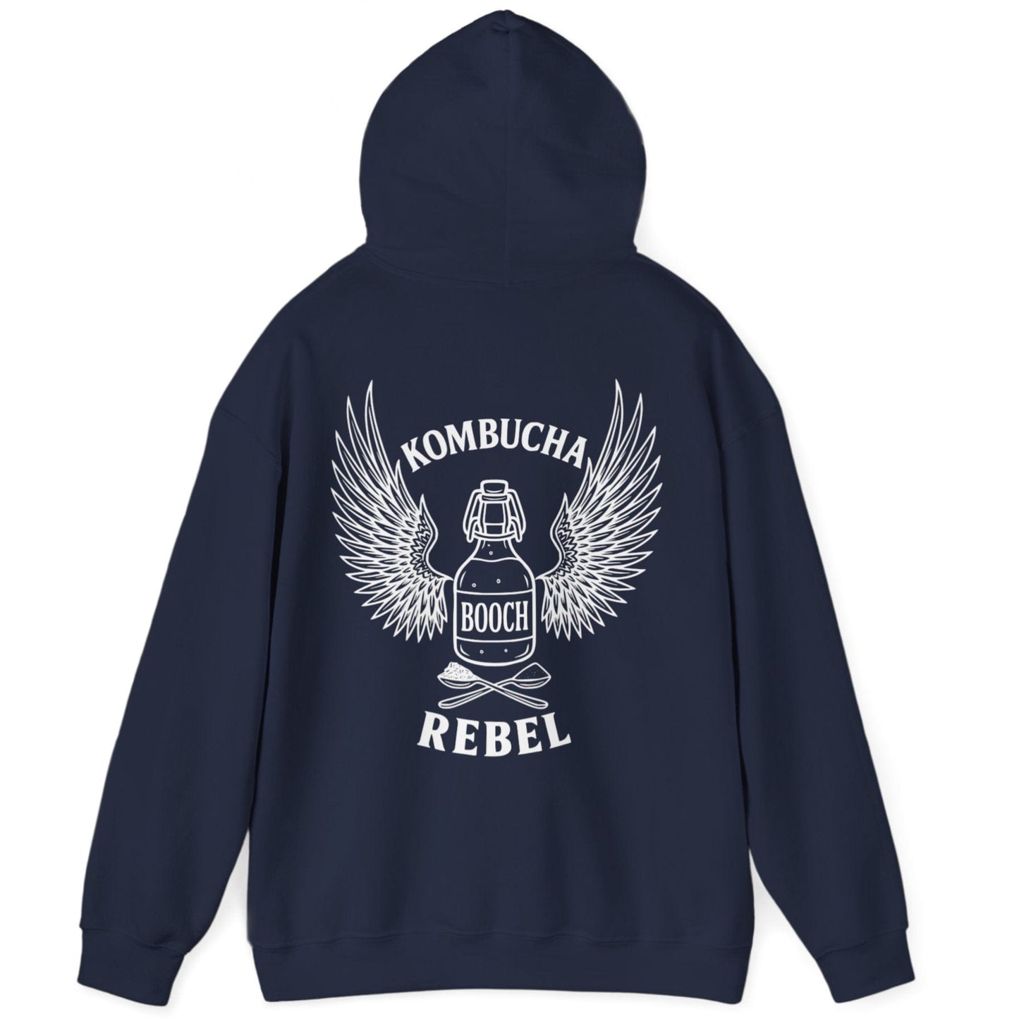 Navy Kombucha Rebel back print hoodie for fans of fermentation, featuring a bottle of booch with dramatic wings and crossed spoons - one with tea leaves and one with sugar. Design inspired by vintage Harley Davidson jackets.