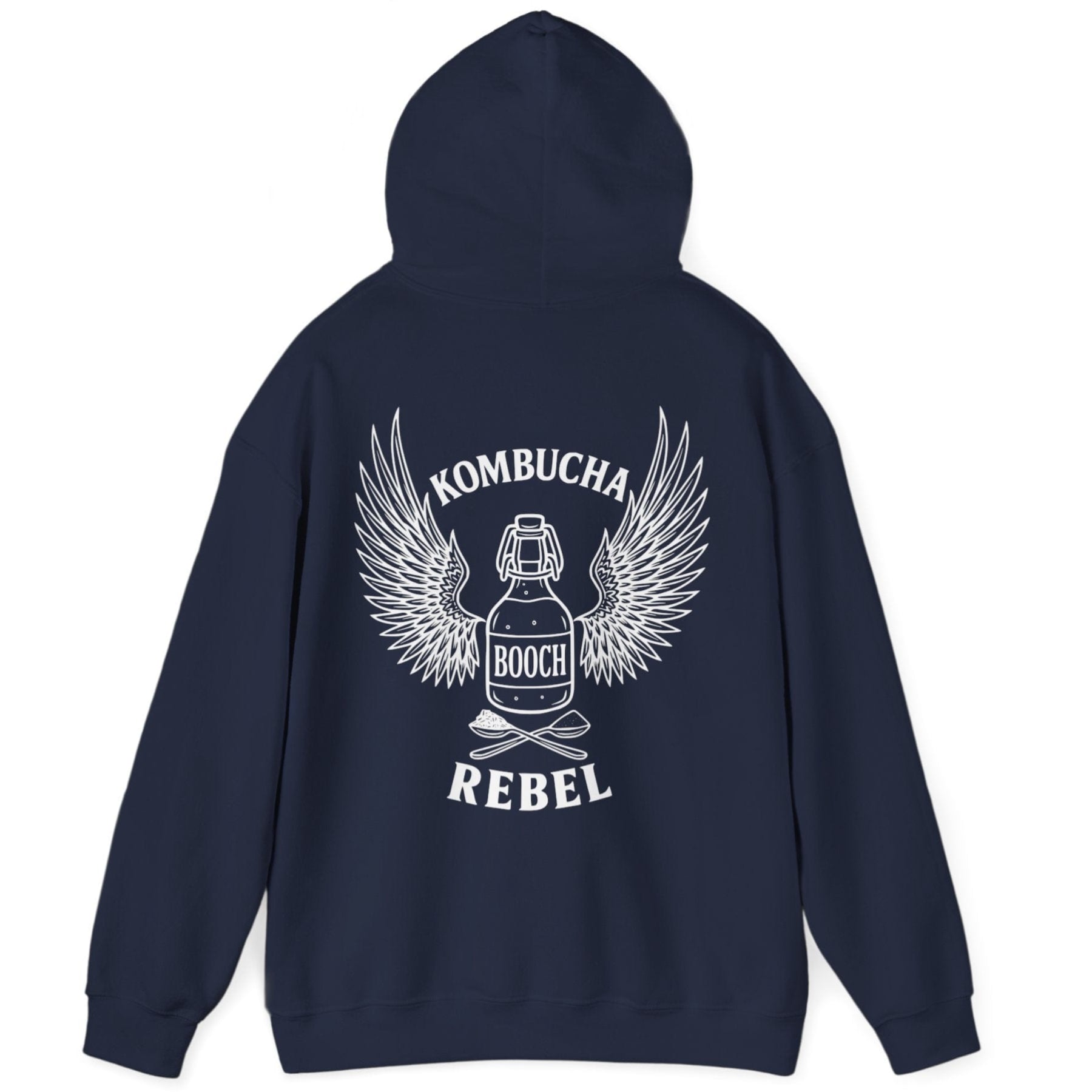 Navy Kombucha Rebel back print hoodie for fans of fermentation, featuring a bottle of booch with dramatic wings and crossed spoons - one with tea leaves and one with sugar. Design inspired by vintage Harley Davidson jackets.