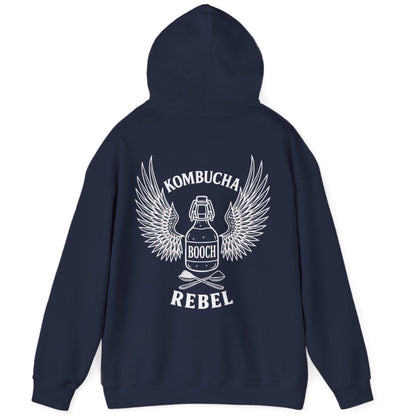 Navy Kombucha Rebel back print hoodie for fans of fermentation, featuring a bottle of booch with dramatic wings and crossed spoons - one with tea leaves and one with sugar. Design inspired by vintage Harley Davidson jackets.