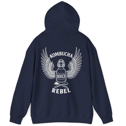 Navy Kombucha Rebel back print hoodie for fans of fermentation, featuring a bottle of booch with dramatic wings and crossed spoons - one with tea leaves and one with sugar. Design inspired by vintage Harley Davidson jackets.