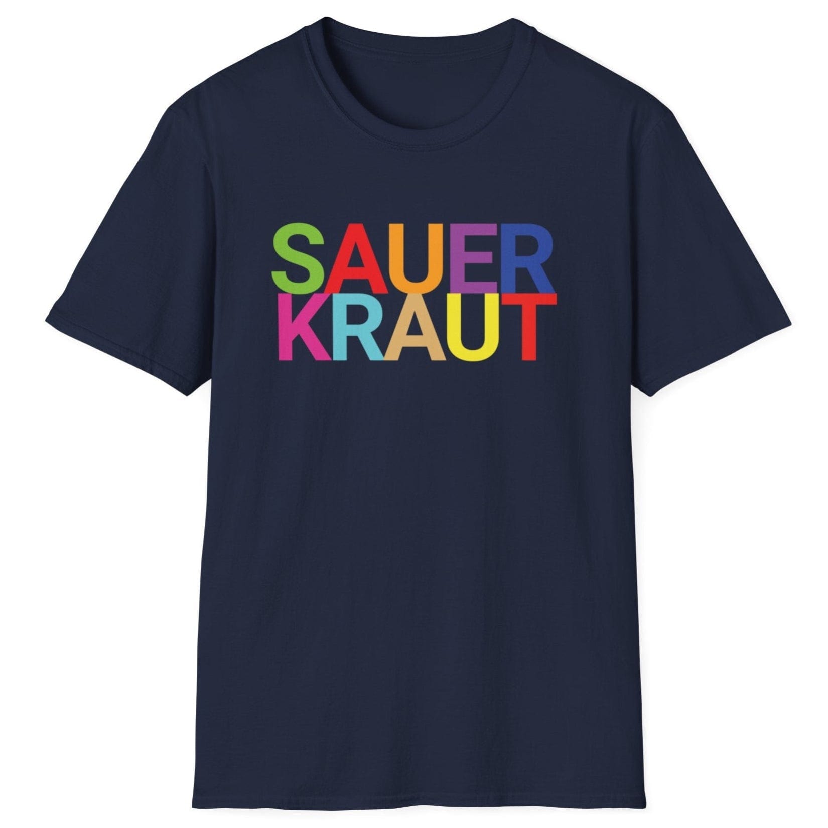 Navy cotton t-shirt with the word 'SAUERKRAUT' in big, bold, colourful typography. Perfect gift for fermenters and sauerkraut fans.