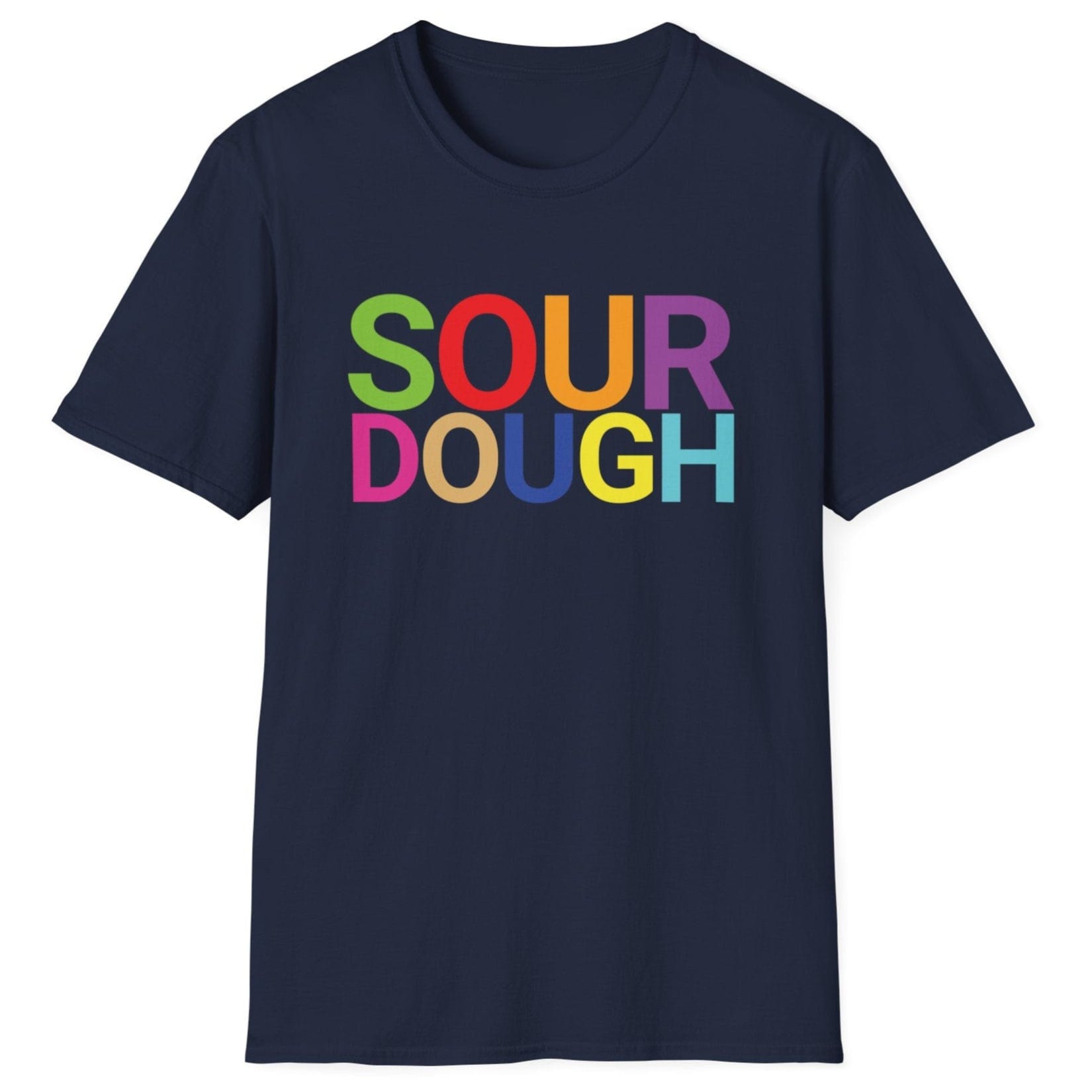 Navy cotton t-shirt with the word 'SOUR DOUGH' in bold colourful typography. Great gift for bakers and fermenters.