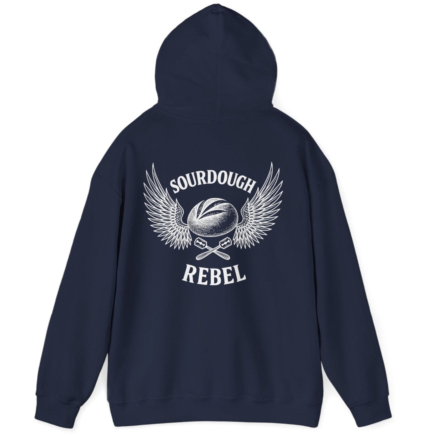 Navy Sourdough Rebel back print hoodie for fans of fermentation, featuring a sourdough boule with dramatic wings and crossed lames. Design inspired by vintage Harley Davidson jackets.