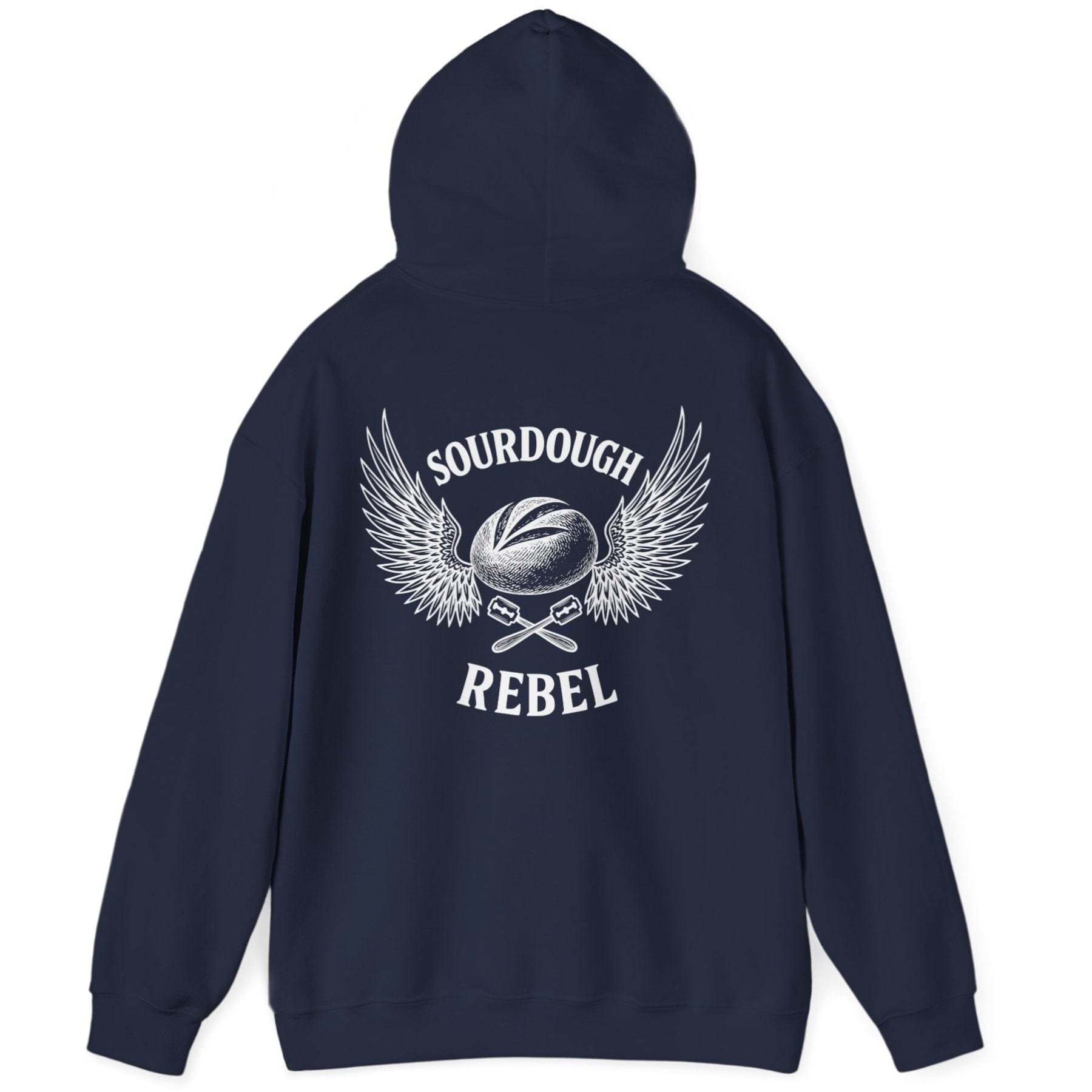 Navy Sourdough Rebel back print hoodie for fans of fermentation, featuring a sourdough boule with dramatic wings and crossed lames. Design inspired by vintage Harley Davidson jackets.