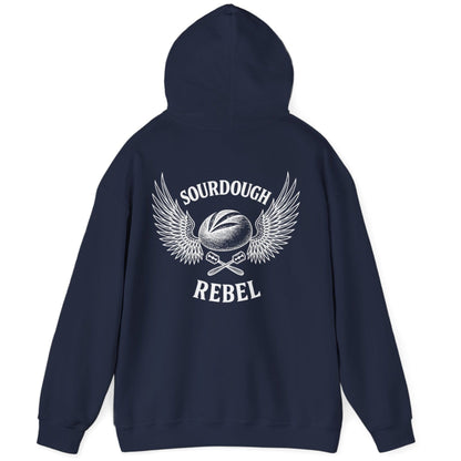 Navy Sourdough Rebel back print hoodie for fans of fermentation, featuring a sourdough boule with dramatic wings and crossed lames. Design inspired by vintage Harley Davidson jackets.