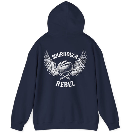 Navy Sourdough Rebel back print hoodie for fans of fermentation, featuring a sourdough boule with dramatic wings and crossed lames. Design inspired by vintage Harley Davidson jackets.