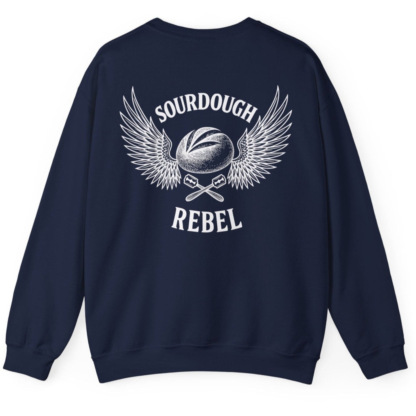 Navy Sourdough Rebel back print sweatshirt for fans of fermentation, featuring a sourdough boule with dramatic wings and crossed lames. Design inspired by vintage Harley Davidson jackets.