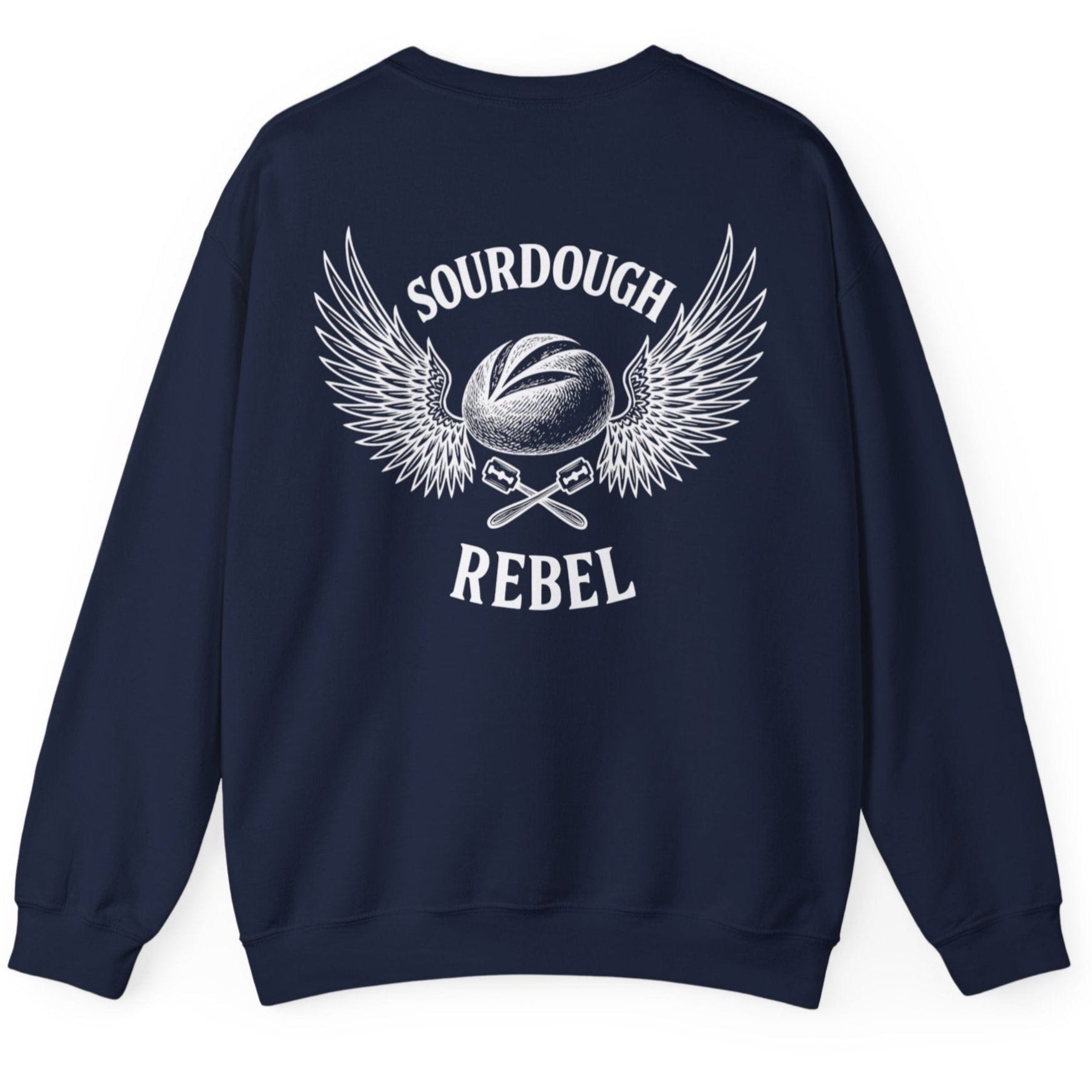 Navy Sourdough Rebel back print sweatshirt for fans of fermentation, featuring a sourdough boule with dramatic wings and crossed lames. Design inspired by vintage Harley Davidson jackets.
