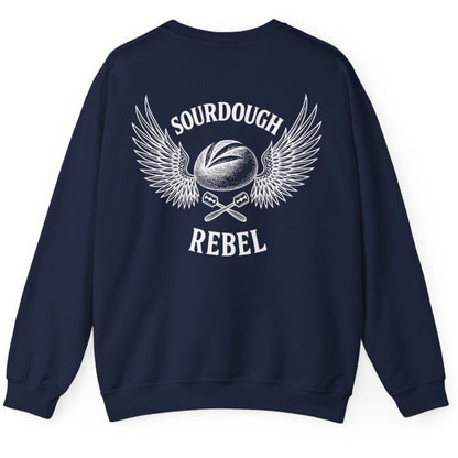 Navy Sourdough Rebel back print sweatshirt for fans of fermentation, featuring a sourdough boule with dramatic wings and crossed lames. Design inspired by vintage Harley Davidson jackets.
