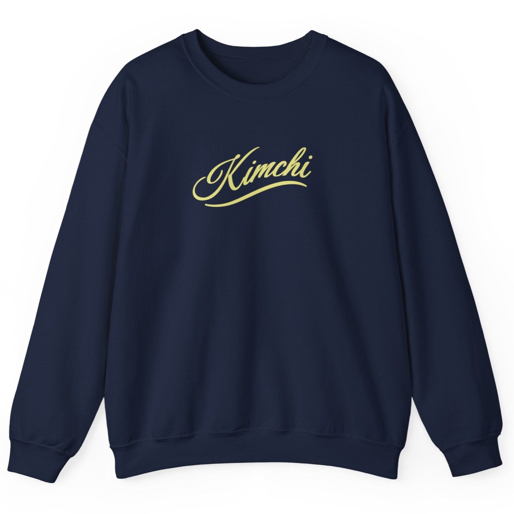 Navy blue sweatshirt with the word KIMCHI in in a simple but elegant script with a subtle flourish. Great gift for fermenters and kimchi lovers.