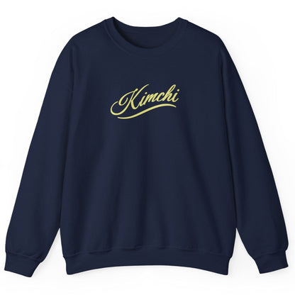 Navy blue sweatshirt with the word KIMCHI in in a simple but elegant script with a subtle flourish. Great gift for fermenters and kimchi lovers.