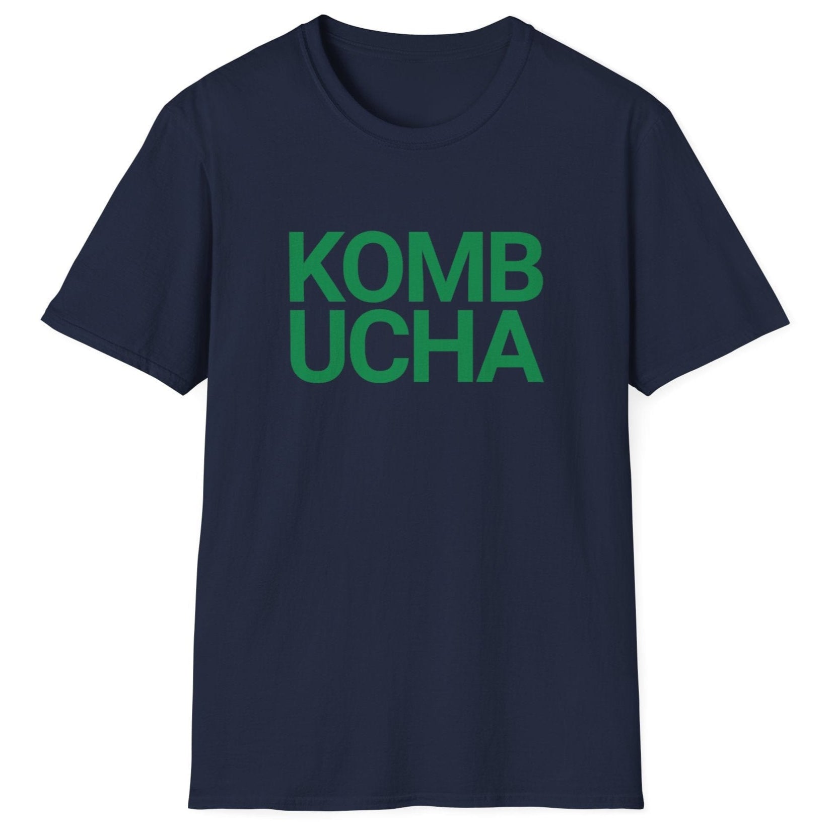 Navy fermentation t-shirt with green 'KOMBUCHA' text in modern bold typography