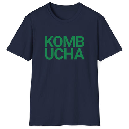 Navy fermentation t-shirt with green 'KOMBUCHA' text in modern bold typography