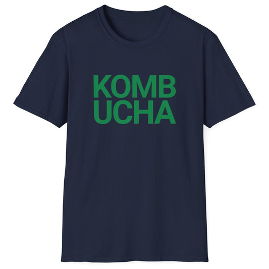 Navy fermentation t-shirt with green 'KOMBUCHA' text in modern bold typography