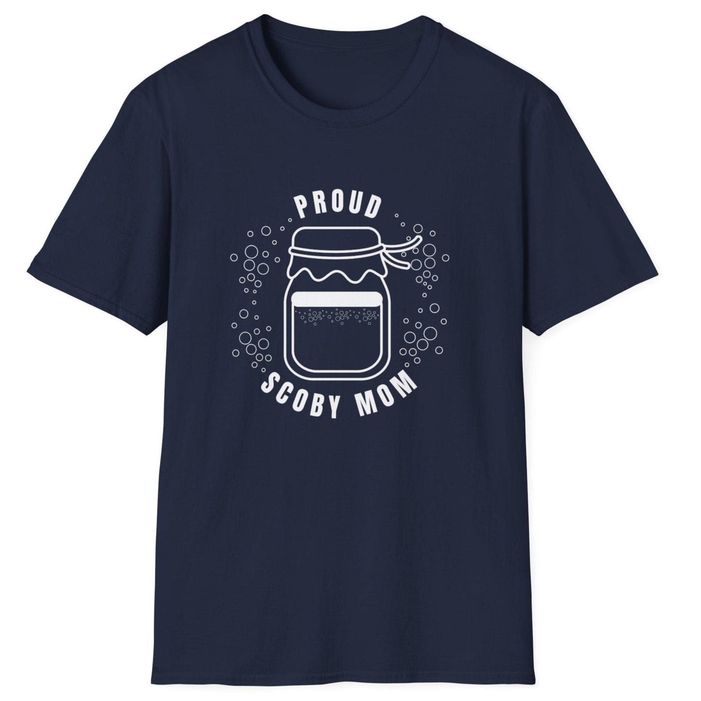 Proud SCOBY Mom T-shirt - white design on a navy T-Shirt, unisex cotton tee for kombucha brewers and fermentation enthusiasts