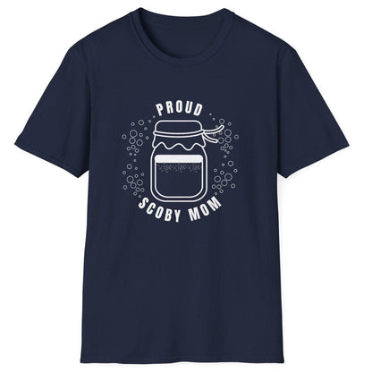 Proud SCOBY Mom T-shirt - white design on a navy T-Shirt, unisex cotton tee for kombucha brewers and fermentation enthusiasts