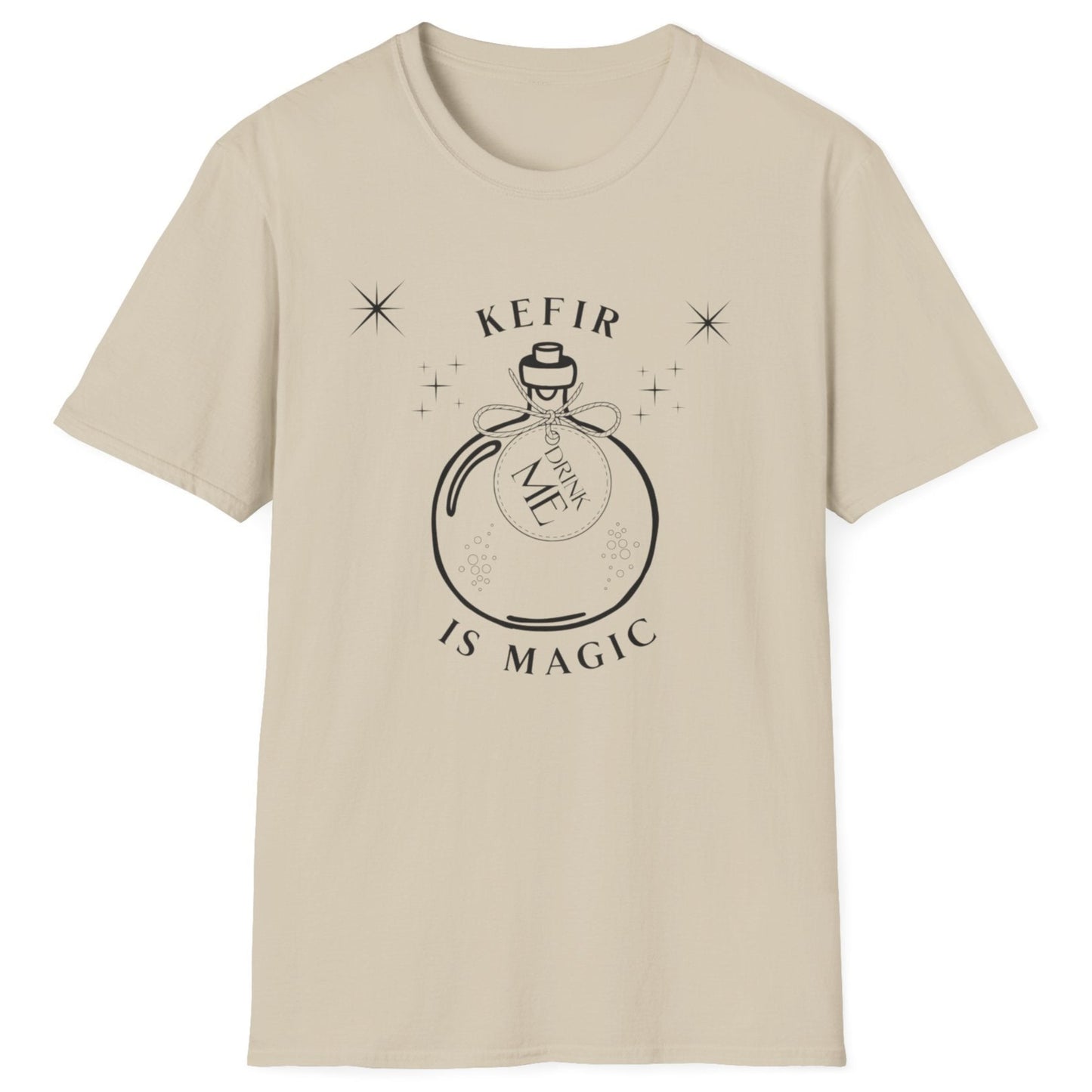 Neutral t-shirt with 'Kefir is Magic' graphic design featuring a magic potion bottle with a label saying 'drink me' 