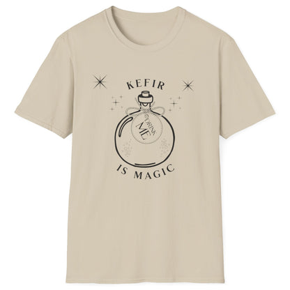Neutral t-shirt with 'Kefir is Magic' graphic design featuring a magic potion bottle with a label saying 'drink me' 