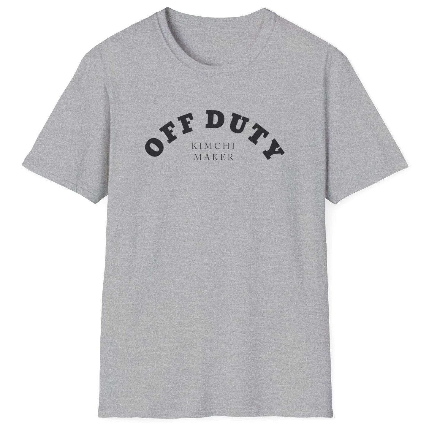 Off Duty Kimchi Maker grey cotton T-shirt with minimal arched typography design, perfect for kimchi fans and fermentation lovers.