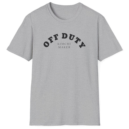 Off Duty Kimchi Maker grey cotton T-shirt with minimal arched typography design, perfect for kimchi fans and fermentation lovers.
