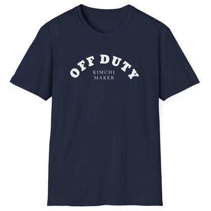 Off Duty Kimchi Maker navy cotton T-shirt with minimal arched typography design, perfect for kimchi fans and fermentation lovers.