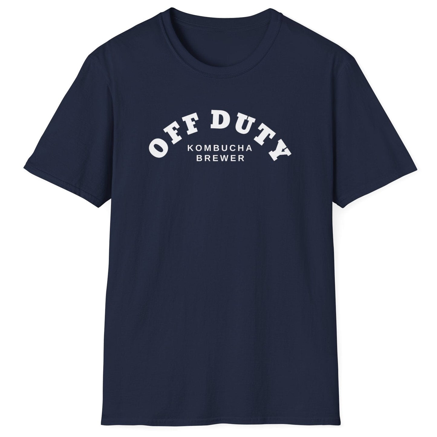 Off Duty Kombucha Brewer navy cotton T-shirt with minimal arched typography design, perfect for kombucha makers and fermentation lovers.