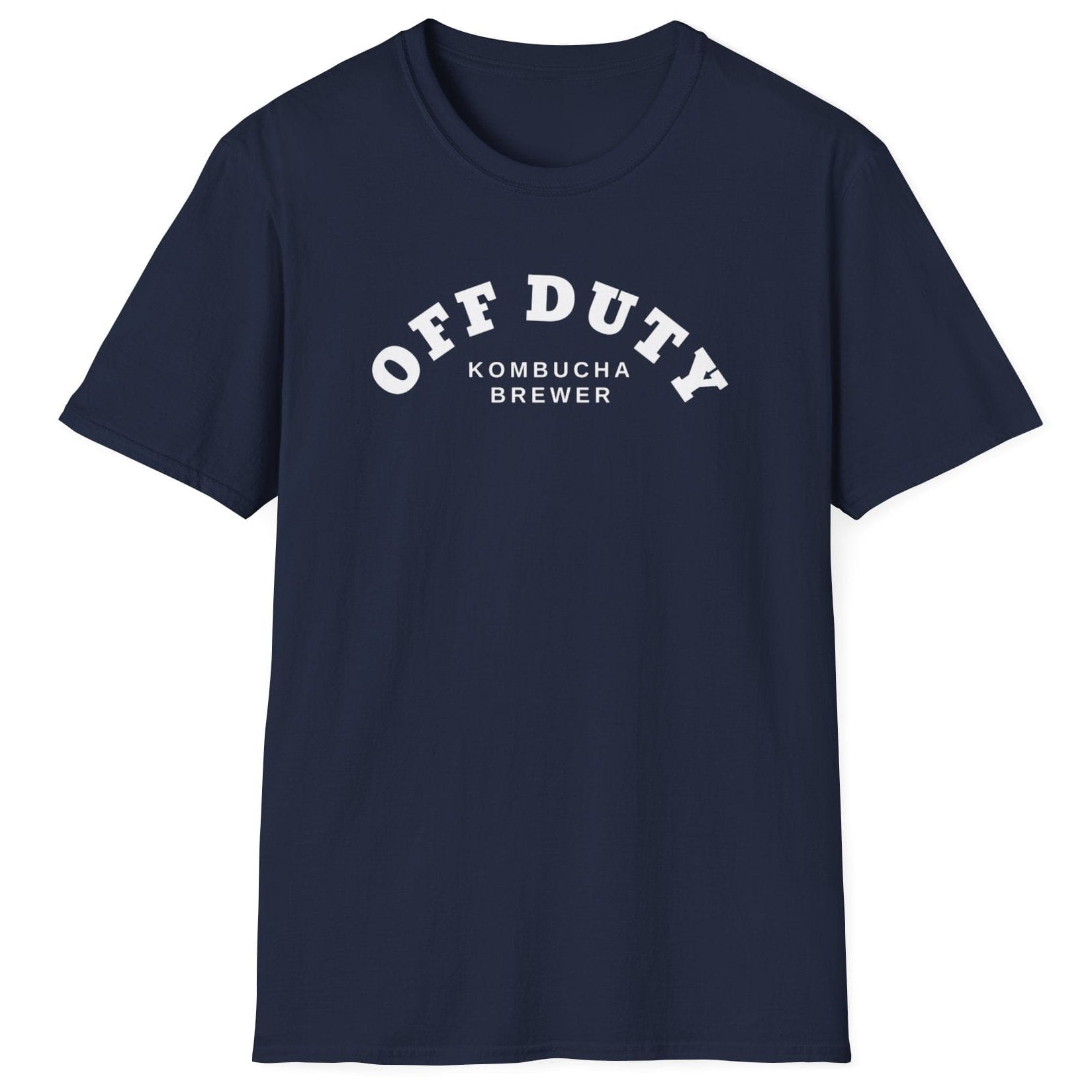 Off Duty Kombucha Brewer navy cotton T-shirt with minimal arched typography design, perfect for kombucha makers and fermentation lovers.