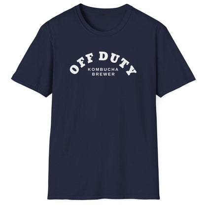Off Duty Kombucha Brewer navy cotton T-shirt with minimal arched typography design, perfect for kombucha makers and fermentation lovers.