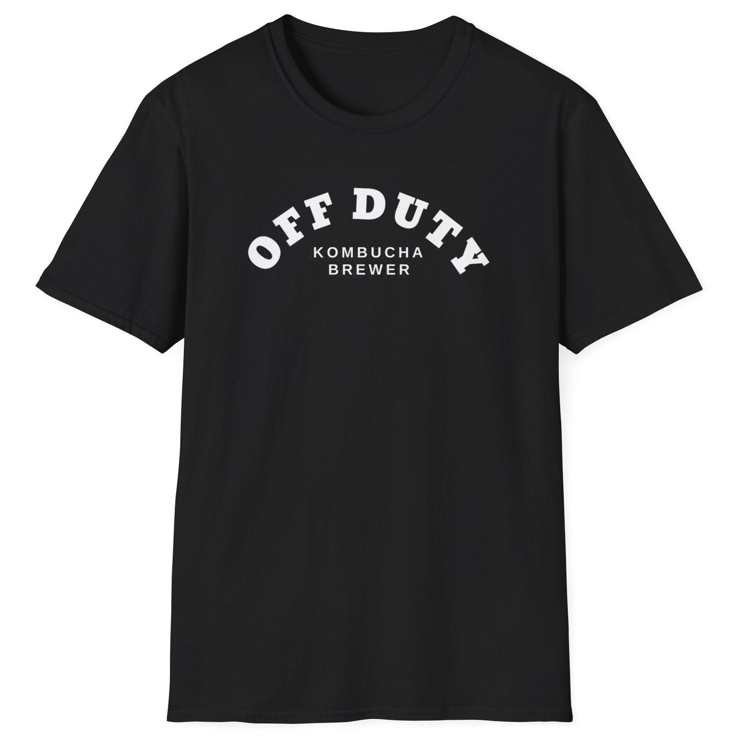 Off Duty Kombucha Brewer black cotton T-shirt with minimal arched typography design, perfect for kombucha makers and fermentation lovers.