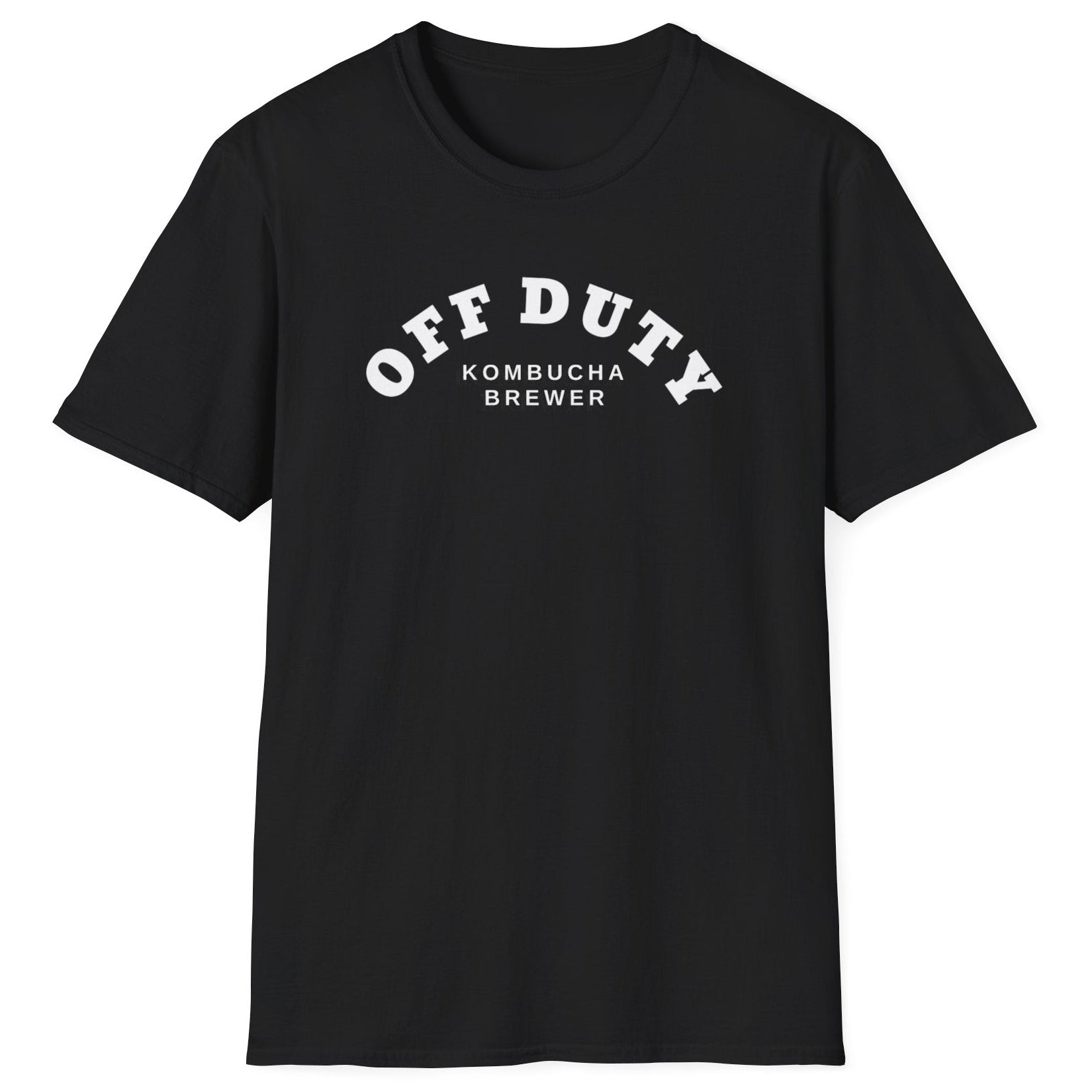 Off Duty Kombucha Brewer black cotton T-shirt with minimal arched typography design, perfect for kombucha makers and fermentation lovers.