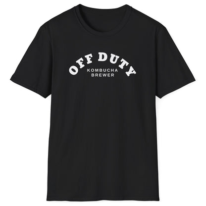 Off Duty Kombucha Brewer black cotton T-shirt with minimal arched typography design, perfect for kombucha makers and fermentation lovers.