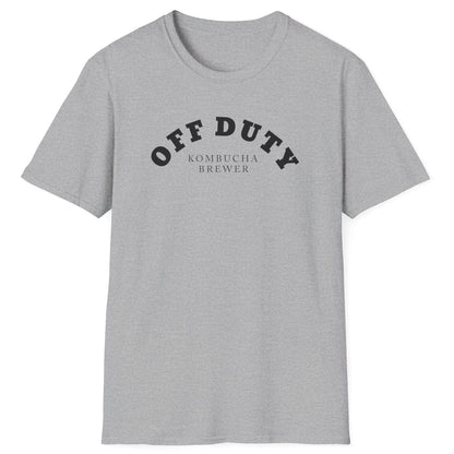 Off Duty Kombucha Brewer grey cotton T-shirt with minimal arched typography design, perfect for kombucha makers and fermentation lovers.