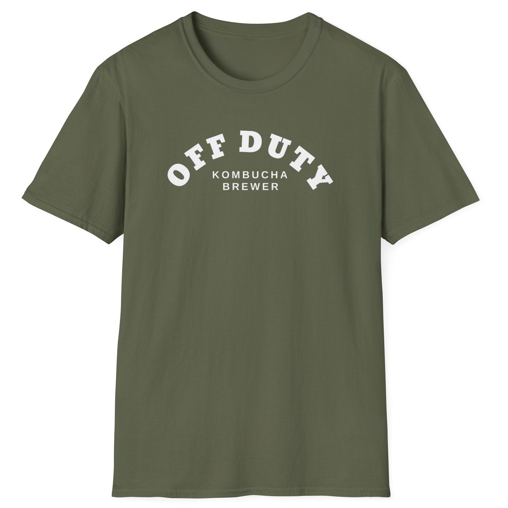 Off Duty Kombucha Brewer cotton military green T-shirt with minimal arched typography design, perfect for kombucha makers and fermentation lovers.