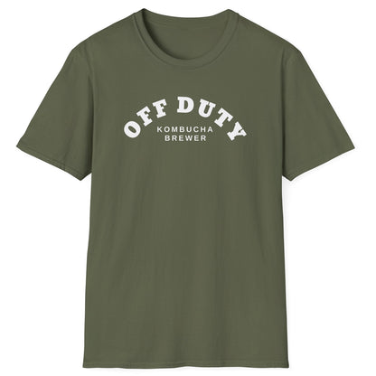 Off Duty Kombucha Brewer cotton military green T-shirt with minimal arched typography design, perfect for kombucha makers and fermentation lovers.
