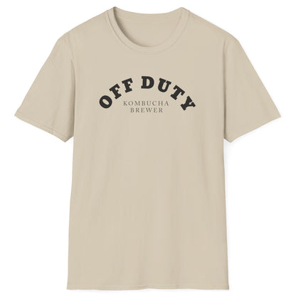 Off Duty Kombucha Brewer sand coloured cotton T-shirt with minimal arched typography design, perfect for kombucha makers and fermentation lovers.