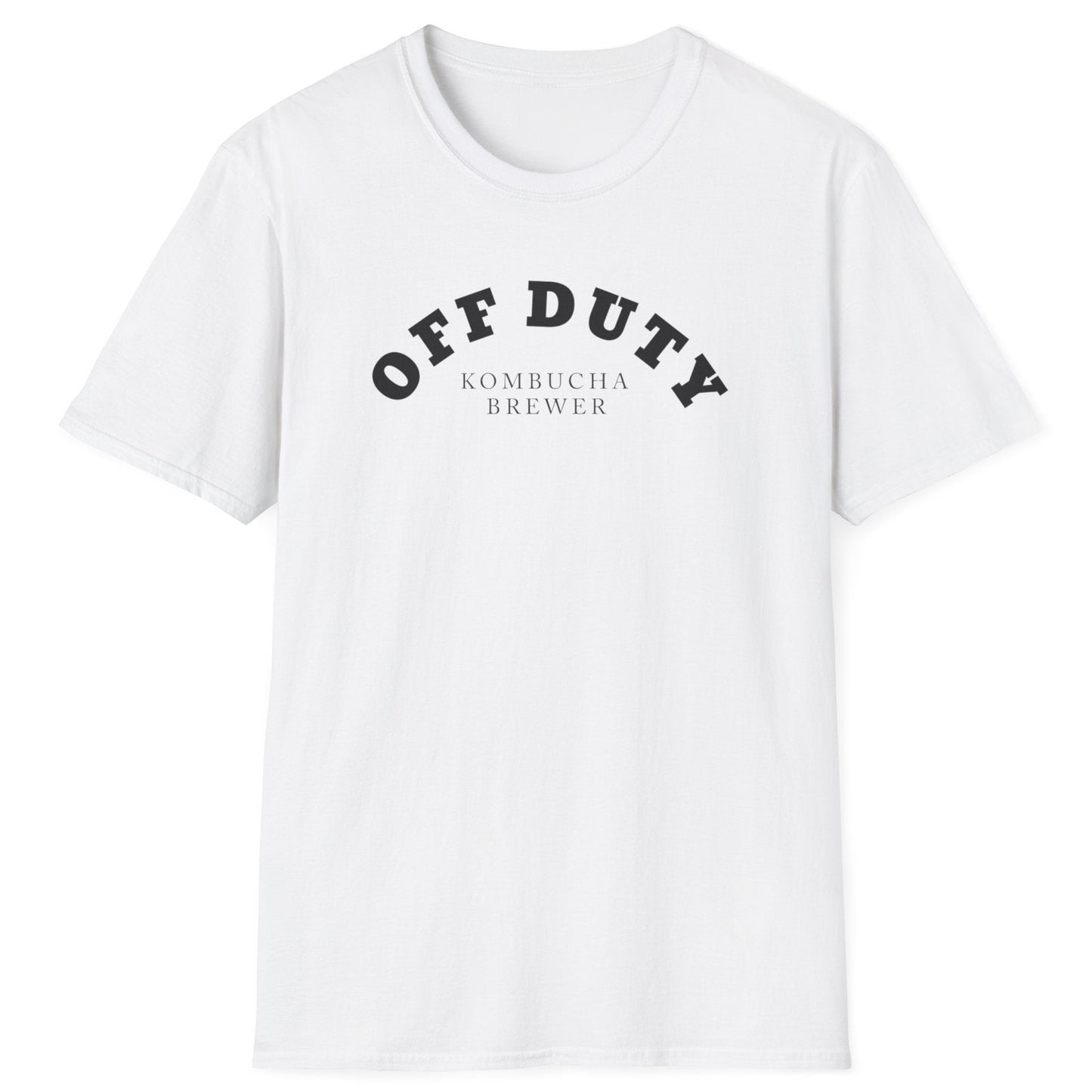 Off Duty Kombucha Brewer white cotton T-shirt with minimal arched typography design, perfect for kombucha makers and fermentation lovers.