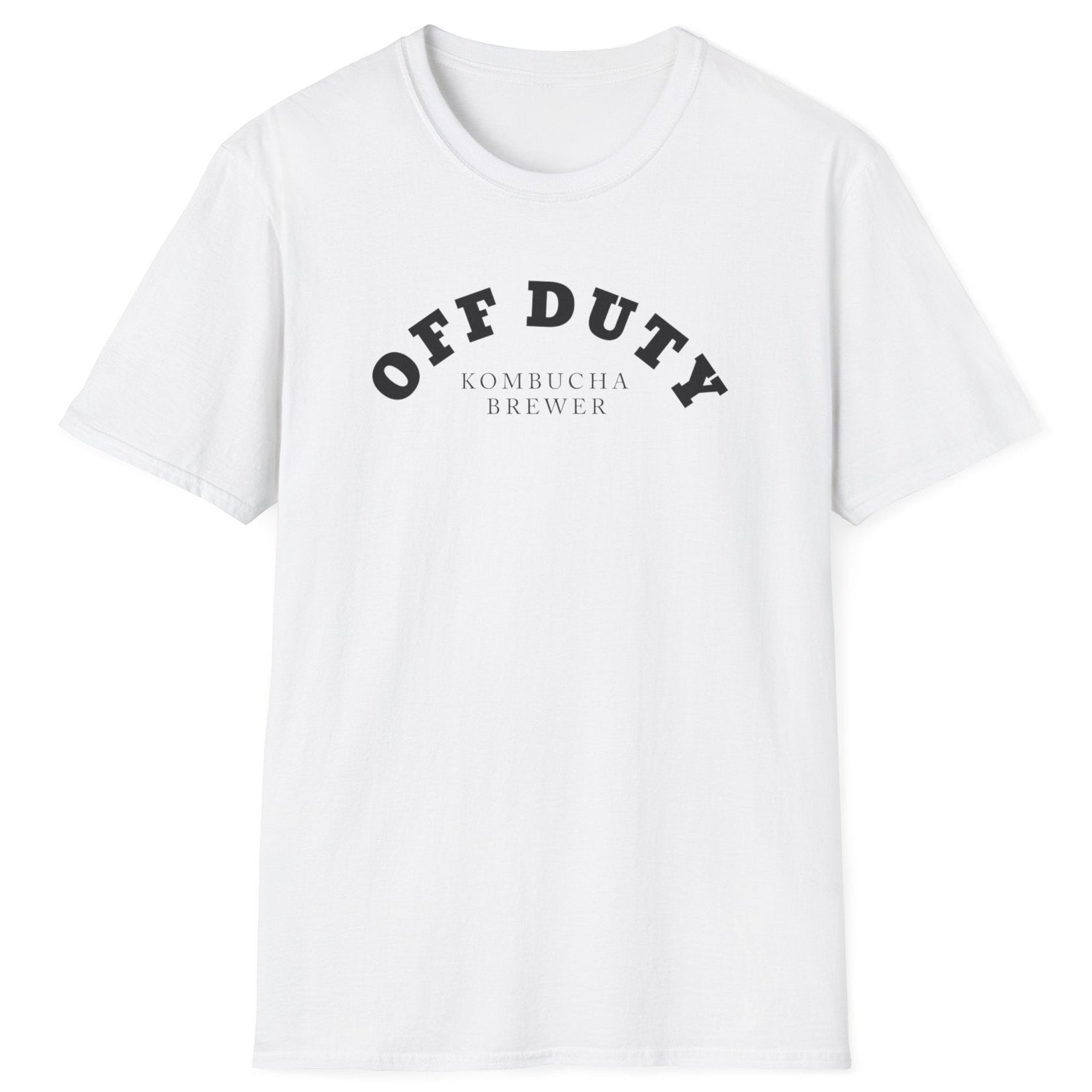 Off Duty Kombucha Brewer white cotton T-shirt with minimal arched typography design, perfect for kombucha makers and fermentation lovers.