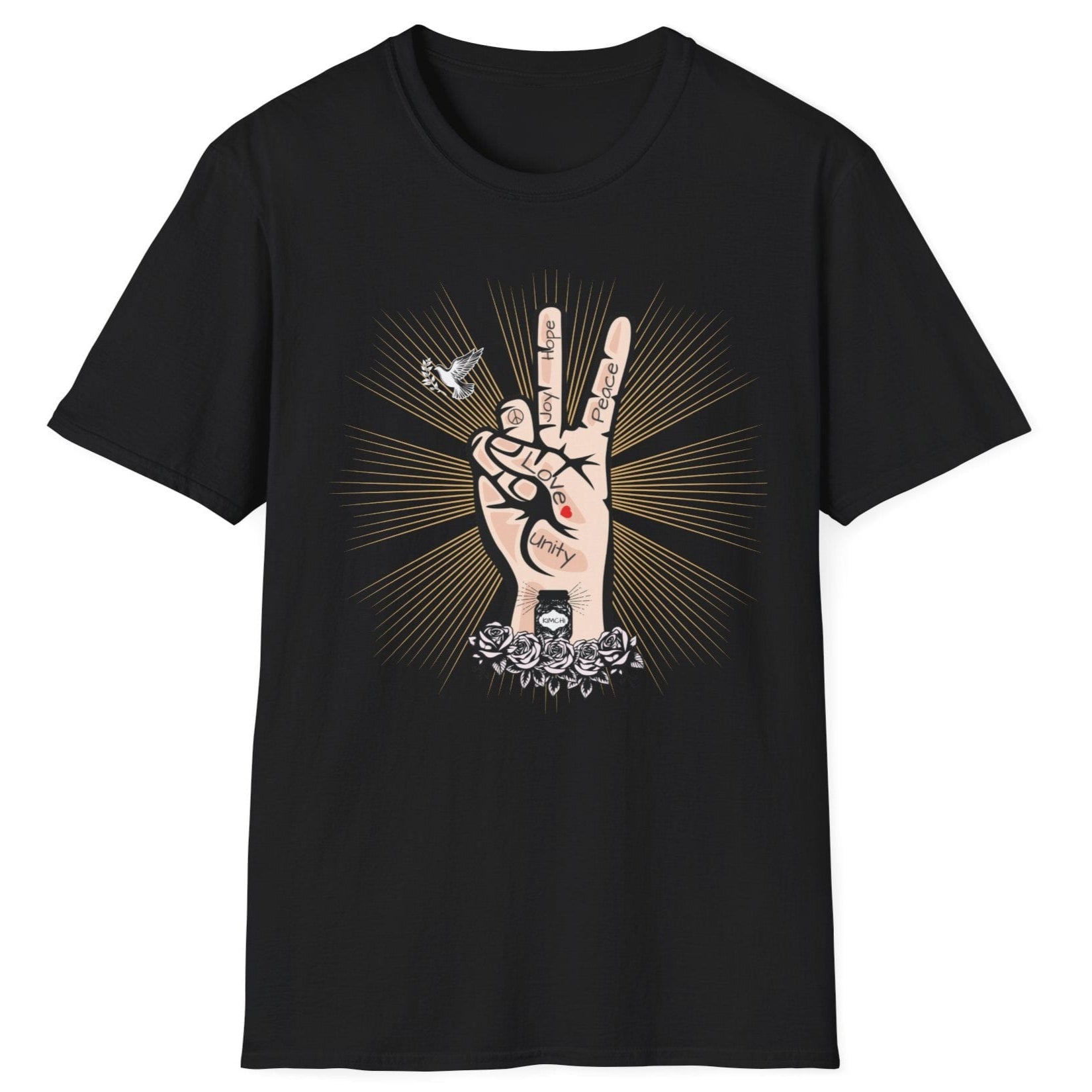 Tattoo-style Peace, Love & Kimchi fermentation T-Shirt in black featuring a hand peace sign, a dove, golden rays, and a jar of kimchi atop roses – perfect for fermentation lovers and kimchi enthusiasts.