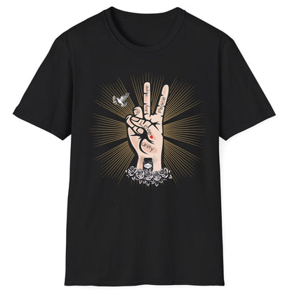 Tattoo-style Peace, Love & Kimchi fermentation T-Shirt in black featuring a hand peace sign, a dove, golden rays, and a jar of kimchi atop roses – perfect for fermentation lovers and kimchi enthusiasts.