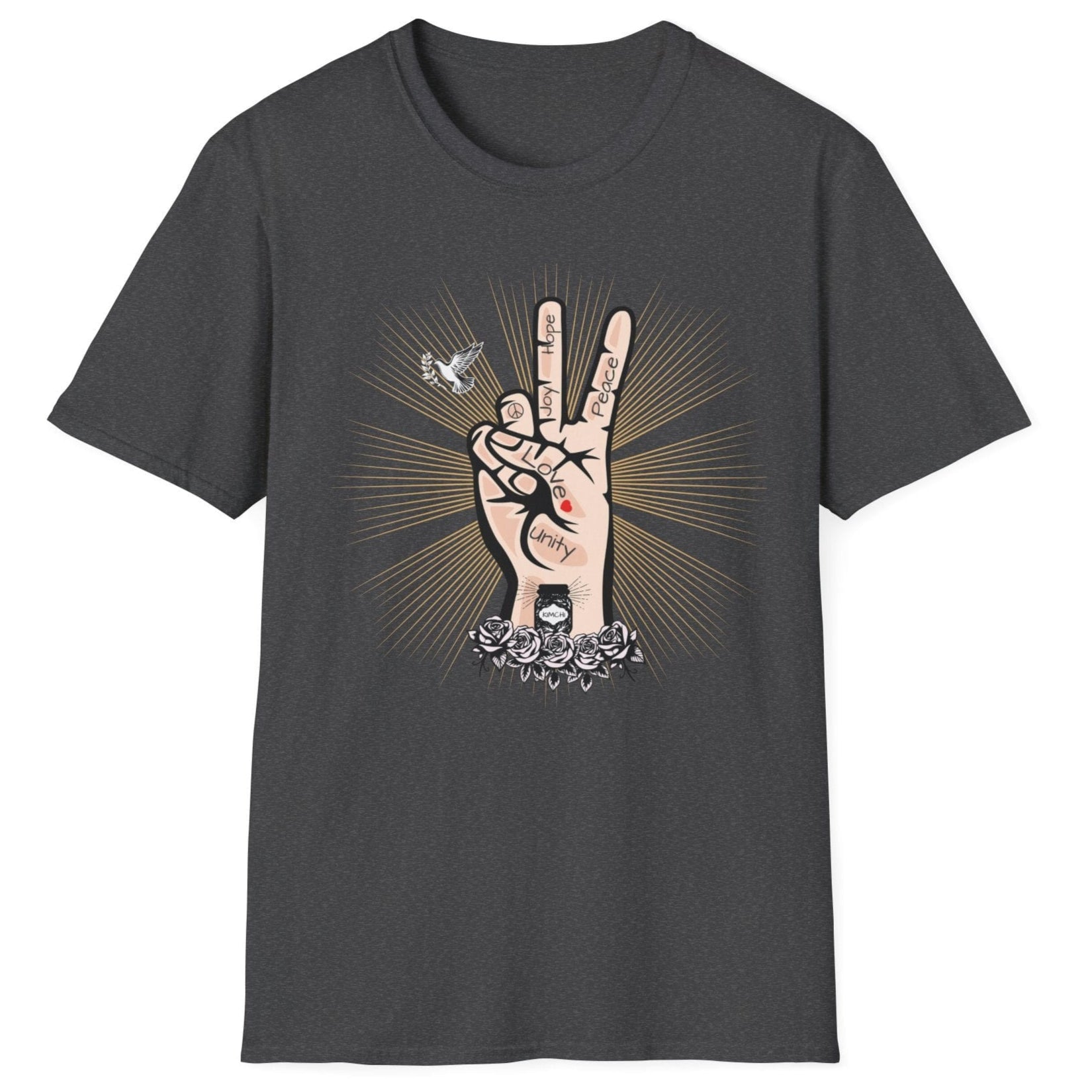 Tattoo-style Peace, Love & Kimchi fermentation T-Shirt in dark grey featuring a hand peace sign, a dove, golden rays, and a jar of kimchi atop roses – perfect for fermentation lovers and kimchi enthusiasts.