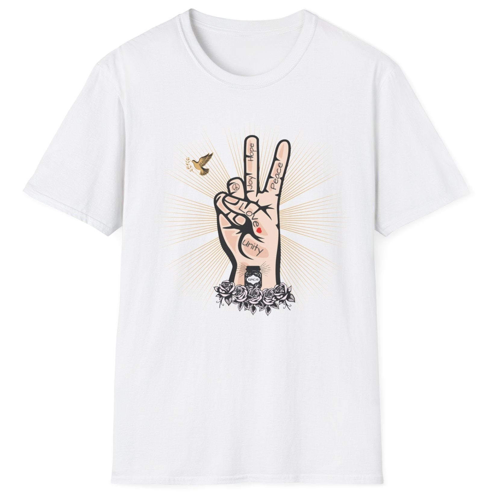 Tattoo-style Peace, Love & Kimchi fermentation T-Shirt in white featuring a hand peace sign, a dove, golden rays, and a jar of kimchi atop roses – perfect for fermentation lovers and kimchi enthusiasts.